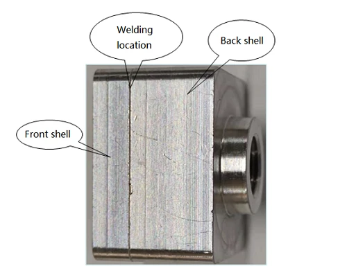 Aluminum front and rear shell components of a vehicle-mounted camera before laser welding